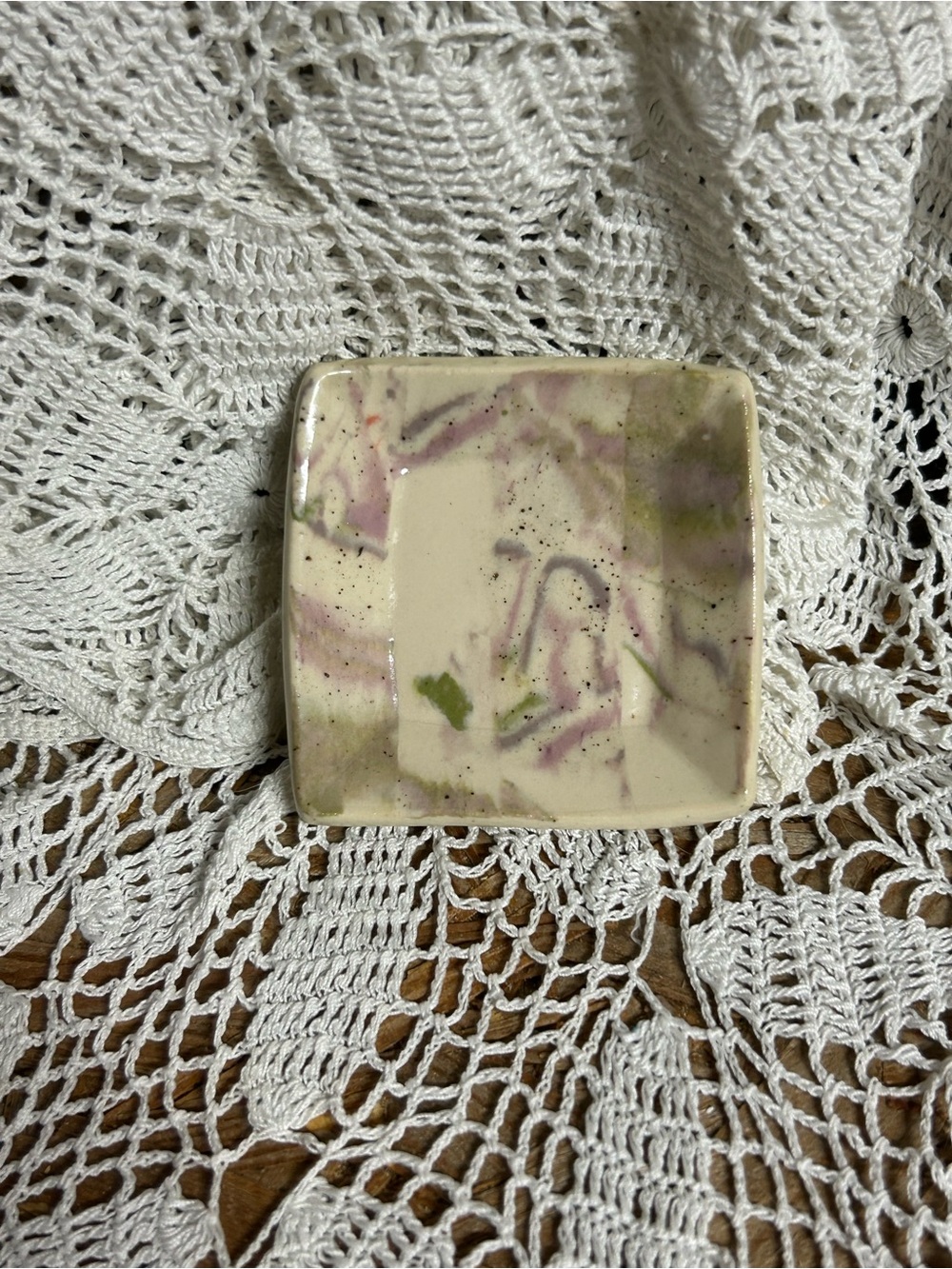 Cream Ceramic Jewelry Tray with Pink & Green Accents